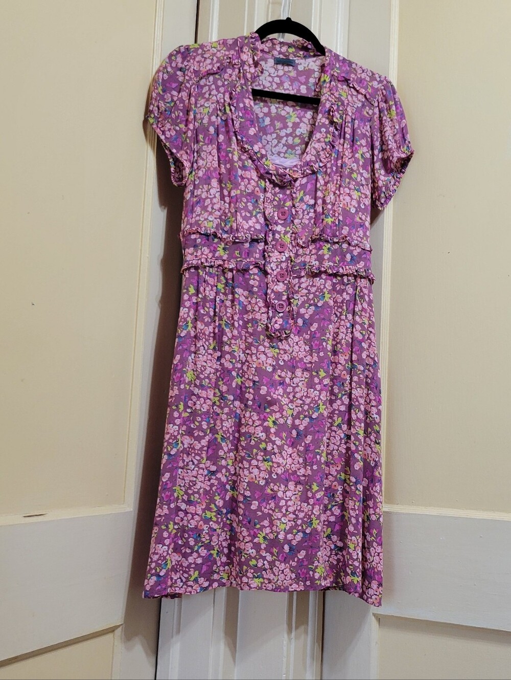 Left Of Center Retro Pink Floral Ruffle Short Sleeve Dress